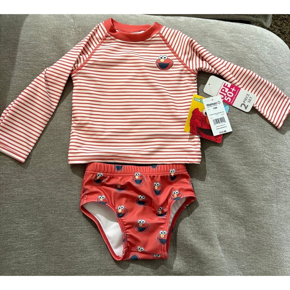 Sesame Street Red Striped Elmo Character Infant Baby Swimsuit NWT 12 Months